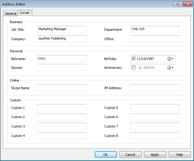 Details page of the address editor